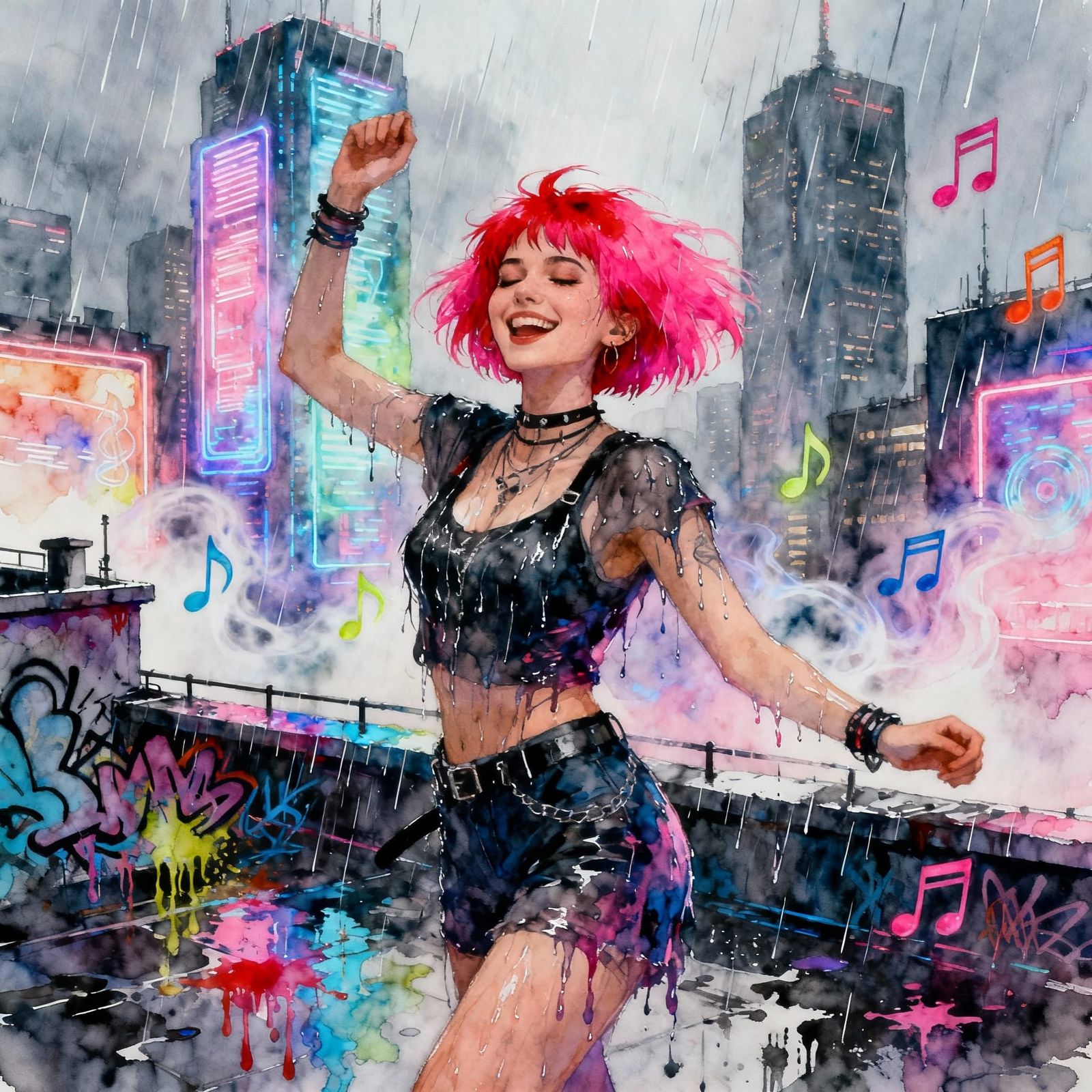 Pastel Punk Goth Girl Dancing in Neon City Rain