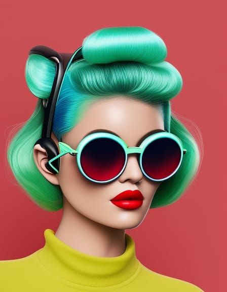 Retrofuturist Girl Portrait with Pink Hair and Headphones