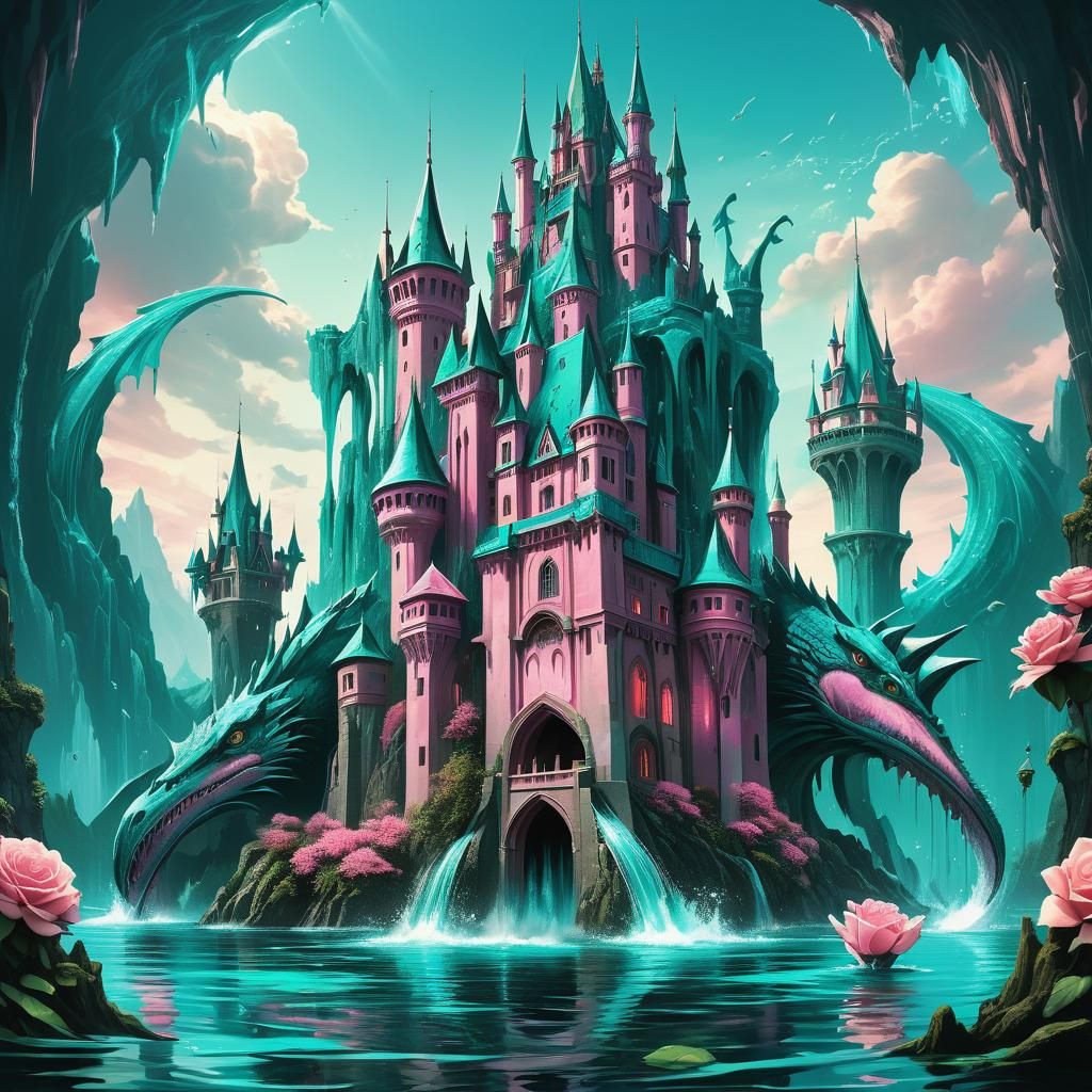 Teal and Rose Castle with Aqua Monster: Fantasy Art
