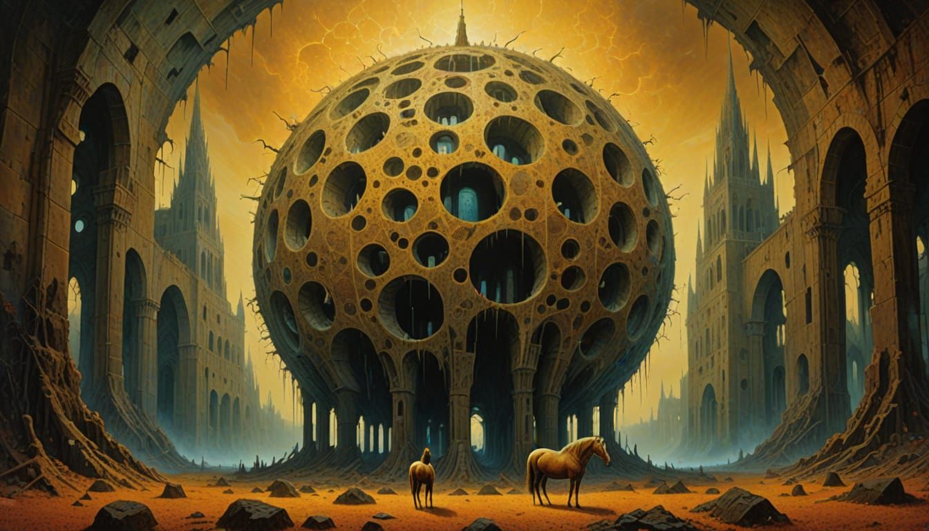 Surreal Cathedral Ruins in Autumnal Impasto Style