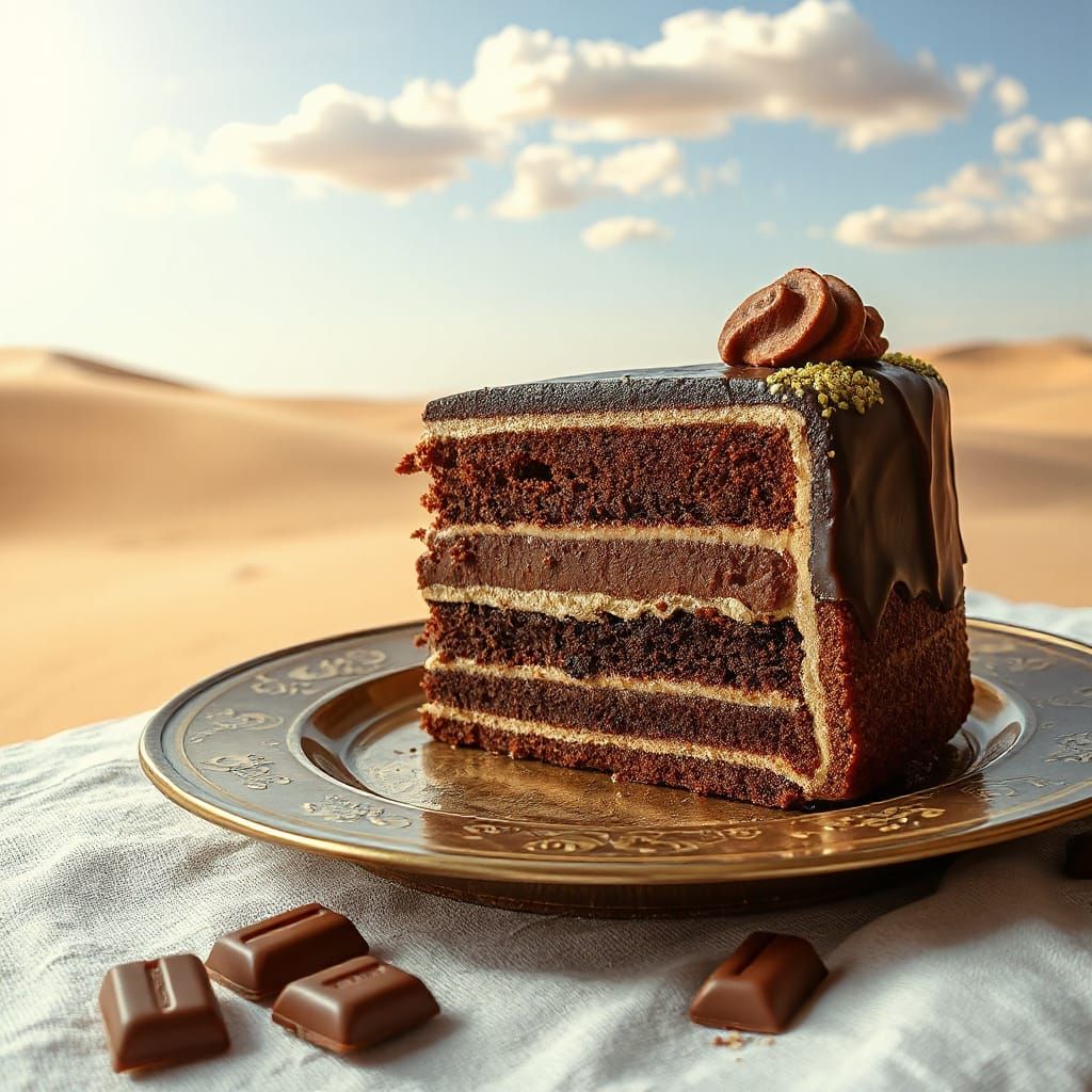 Giant Chocolate Cake in Dubai Desert, 3D Render