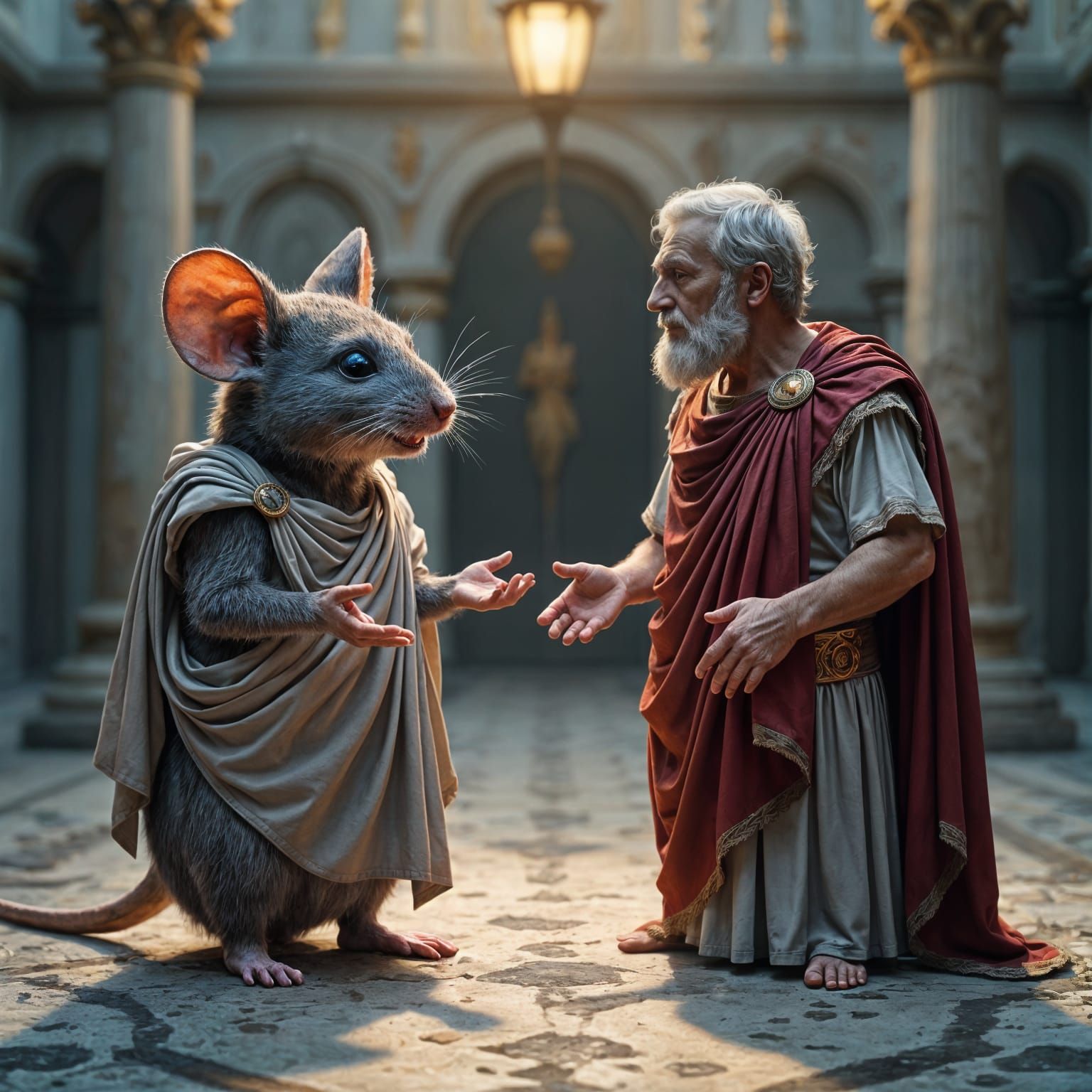 Anthropomorphic Mouse Debates Roman Senator