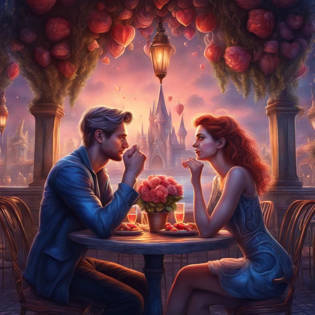 Fantasy Color Pencil Drawing of Couple on Date