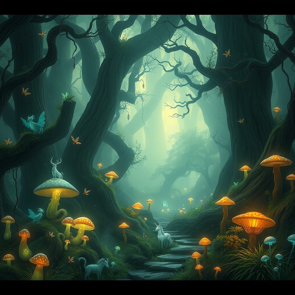 Mystical Forest with Fairies in Ethereal Light