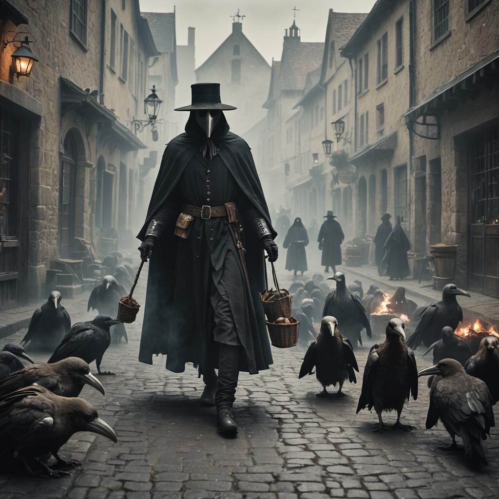Plague Doctor in Foggy Medieval Street