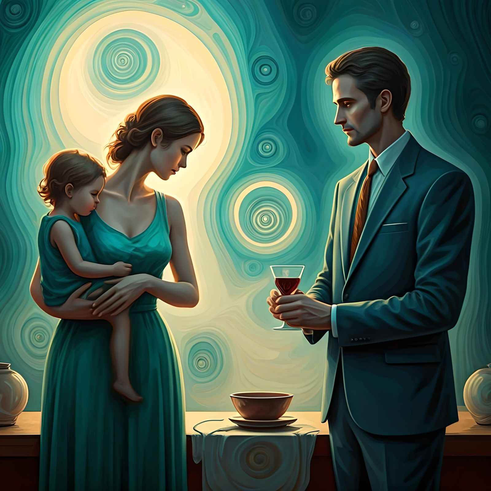 Surreal Family Scene in Watercolor Style
