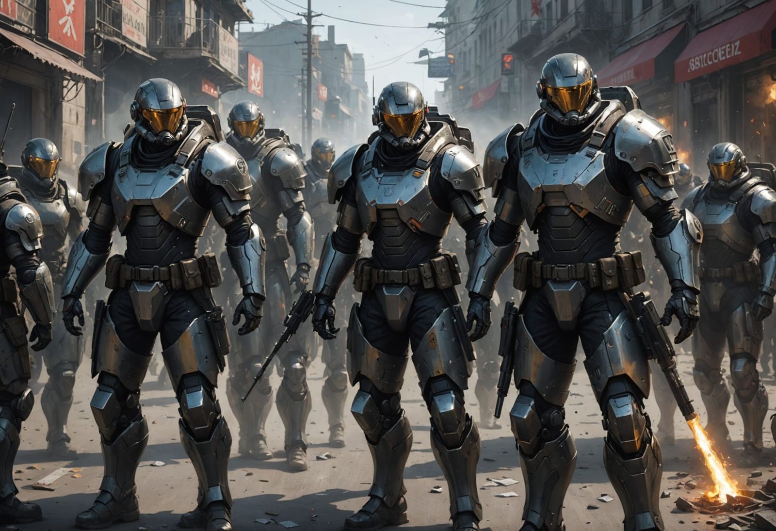 Cyberpunk Mech Soldiers in a Futuristic Battle