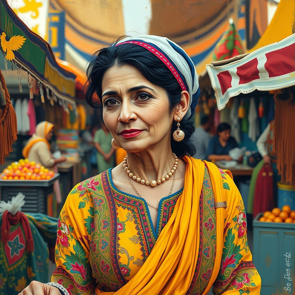 Woman in Market, Embroidered Clothing, Whimsical Illustratio...