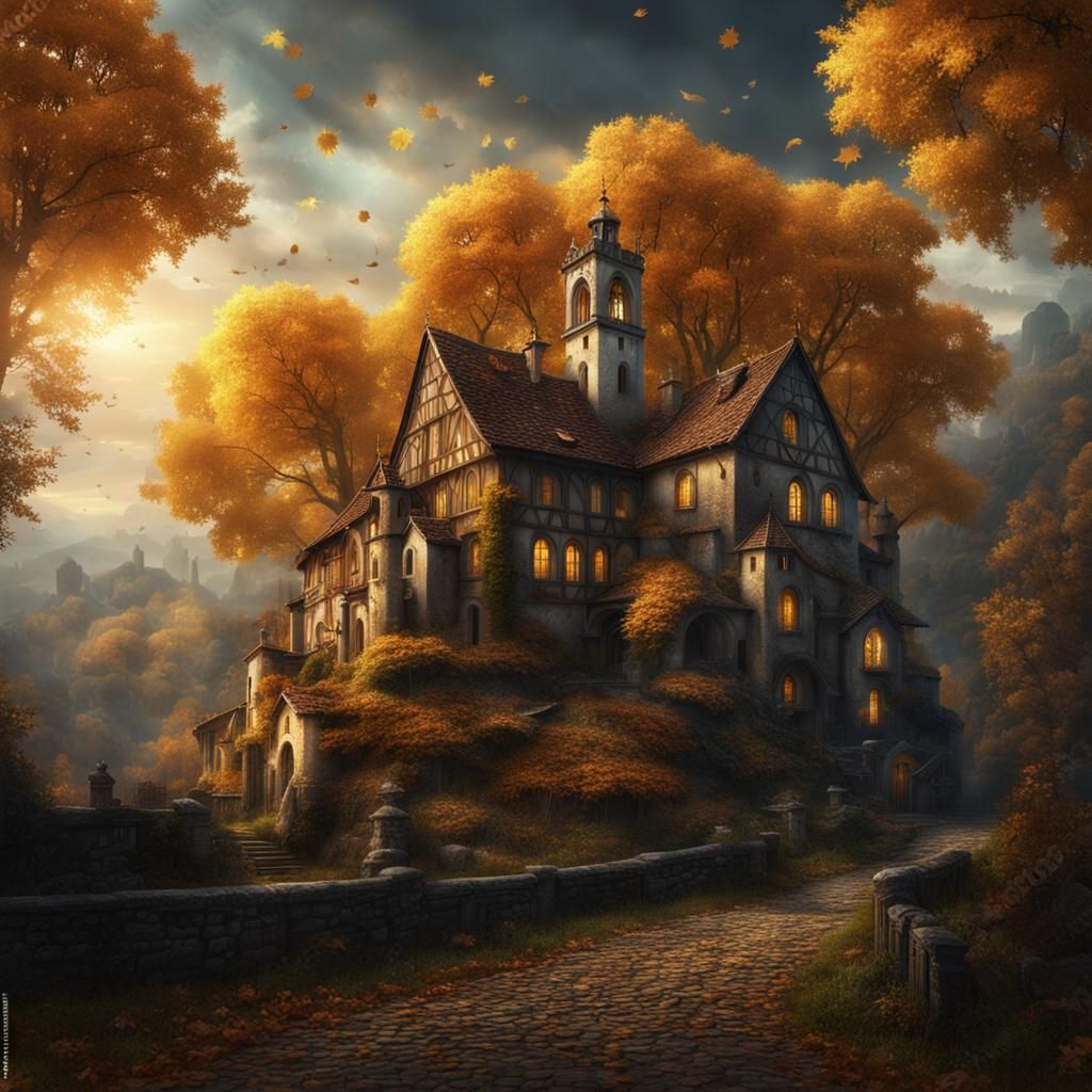 Dark Fantasy Village with Golden Autumn Forest