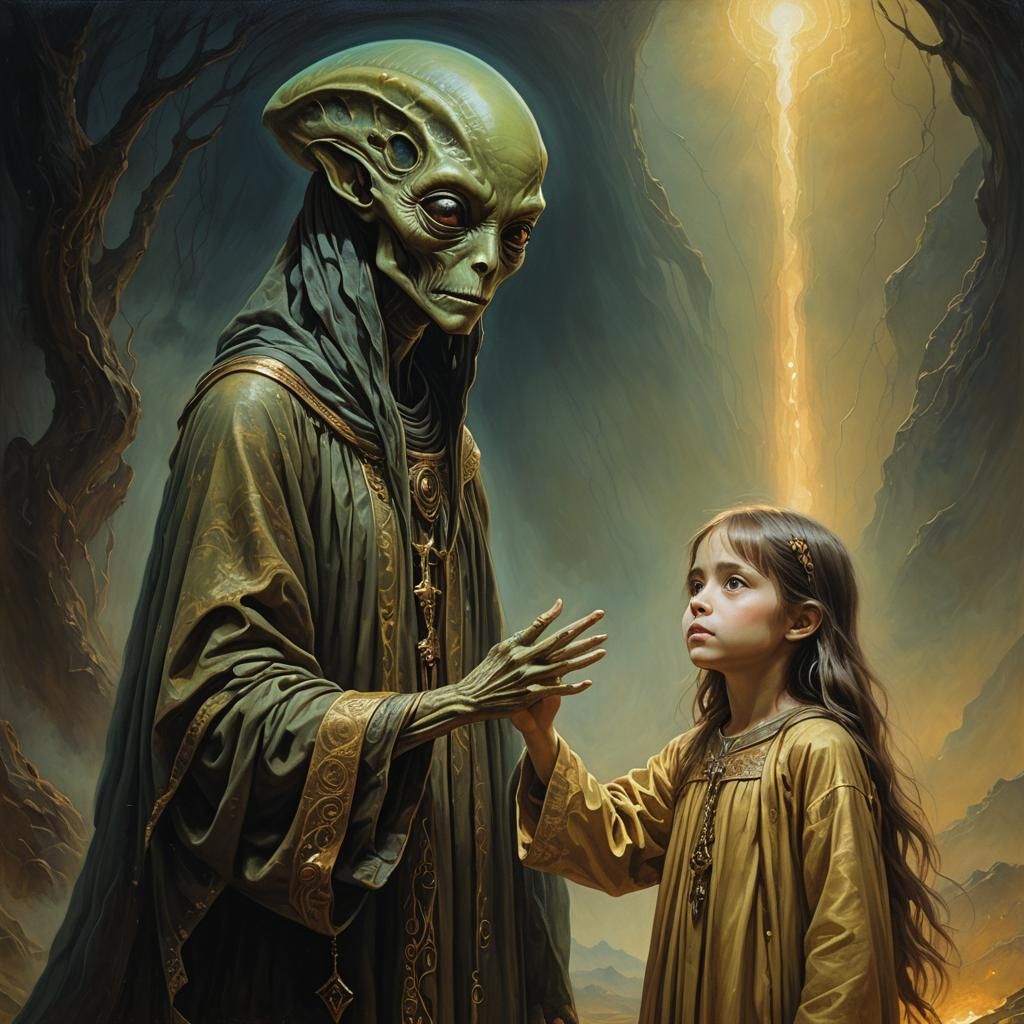 Alien Comforts Girl: Surreal Oil Painting