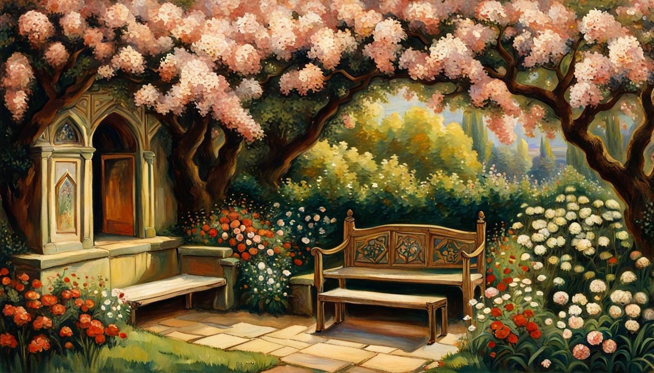 Blossom Garden in Pre-Raphaelite Style