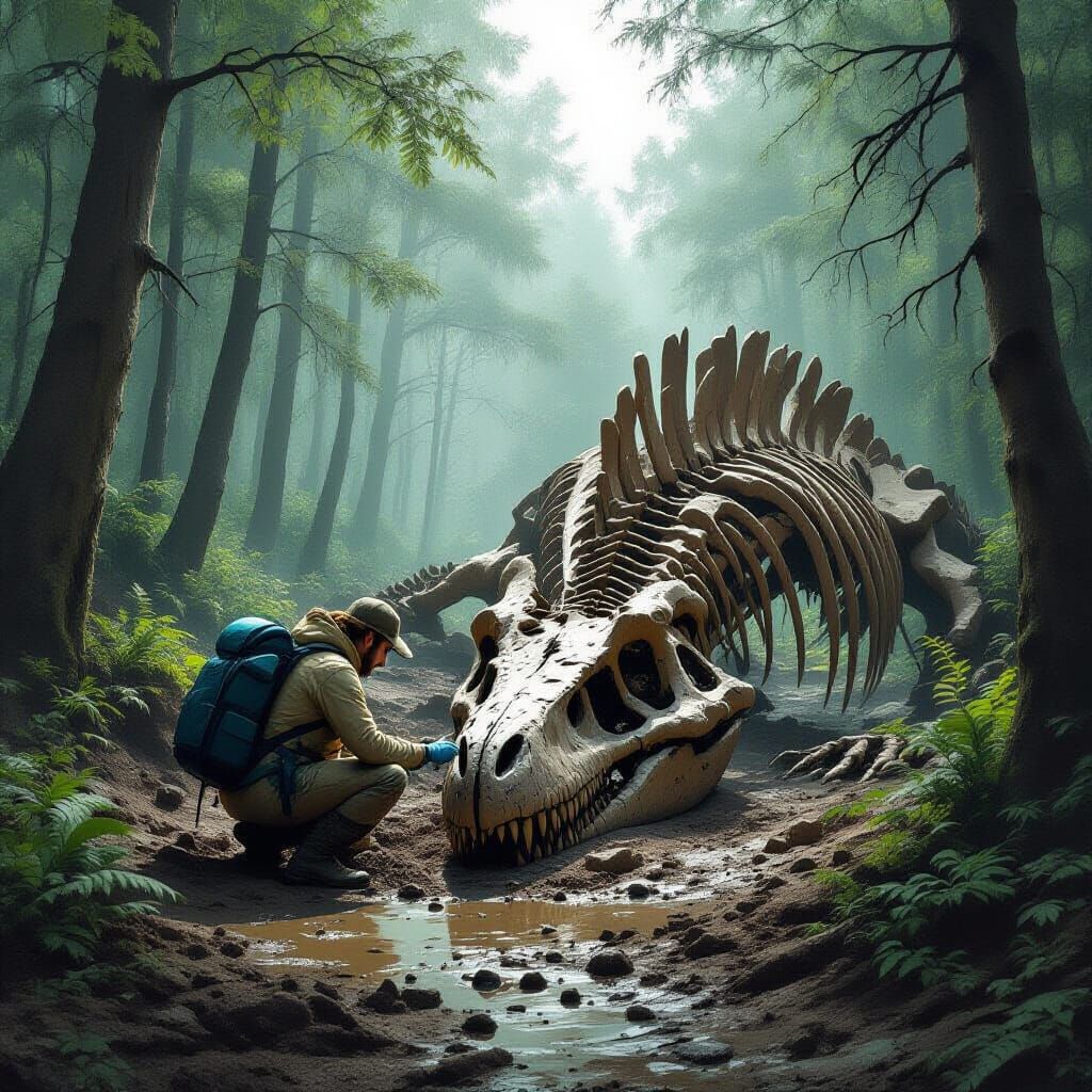 Paleontologist Excavating Dinosaur Bones in Prehistoric Fore...