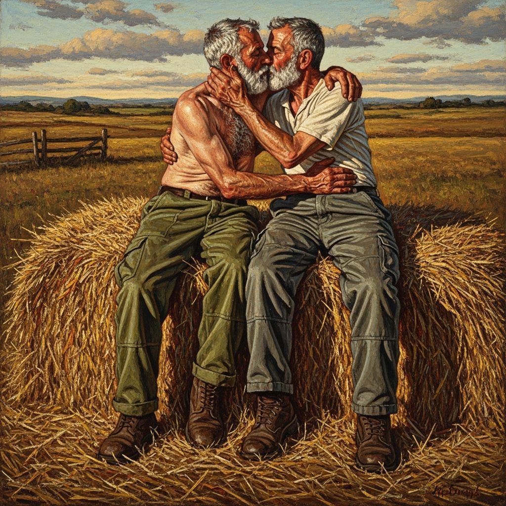 Intimate Oil Painting of Gay Couple Embracing on Haystack