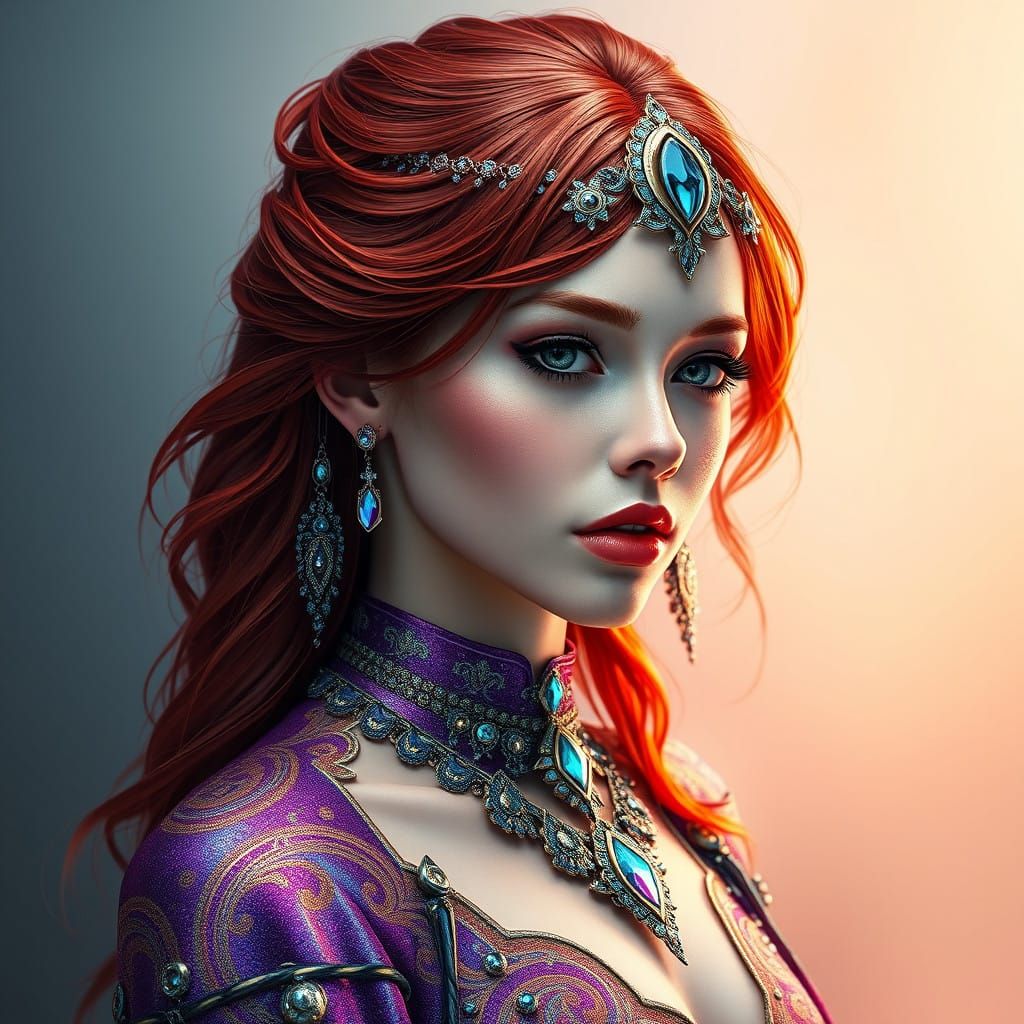 Stunning Red-Haired Woman in Intricately Embroidered, Futuri...