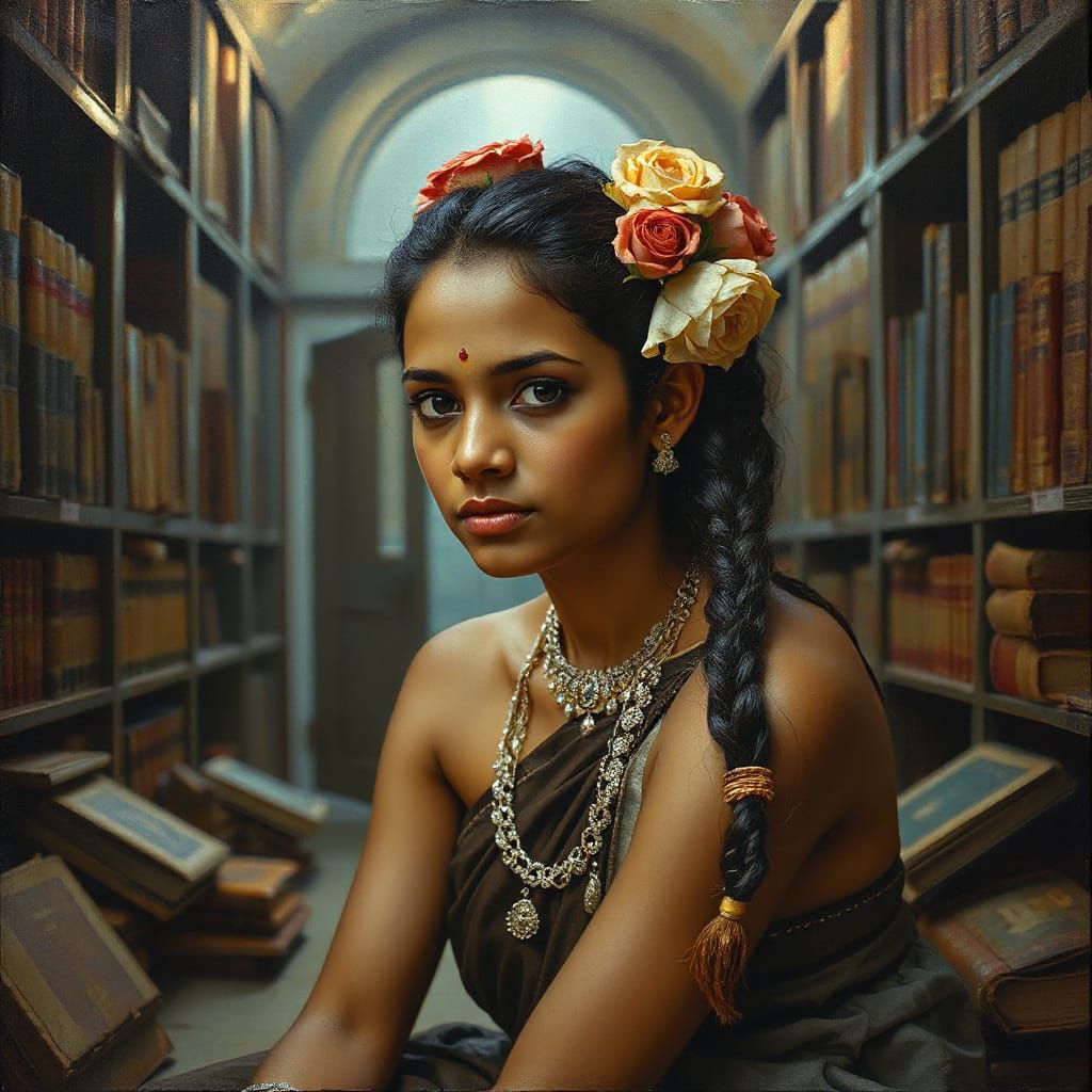 Sri Lankan Woman in Ancient Library, Impressionist Oil Paint...