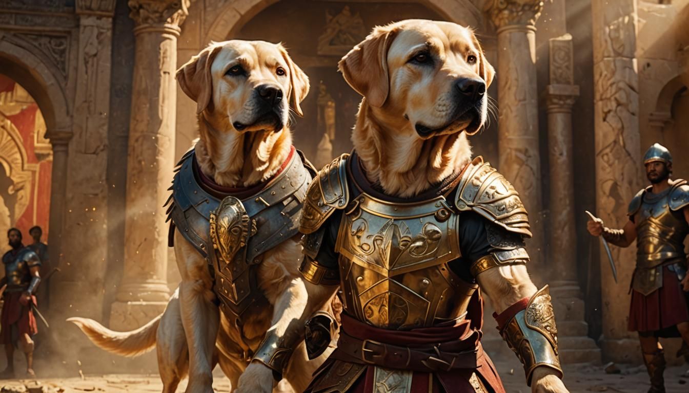 Labrador Gladiator in Roman Arena: Hyperrealistic Oil Painti...