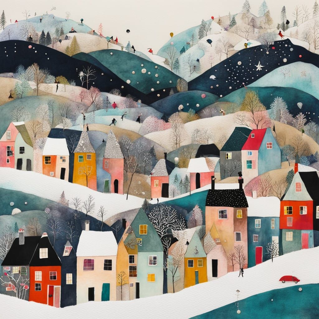 Winter Wonderland Village Scene in Whimsical Mixed Media Col...