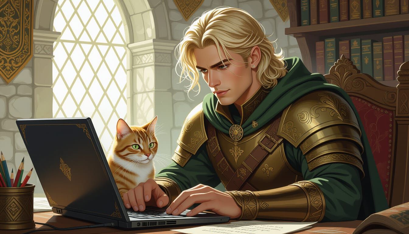 Medieval Man and Cat with Laptop, Fantasy Art