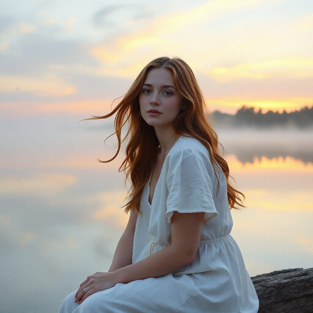 Serene Woman by Tranquil Lake at Dawn