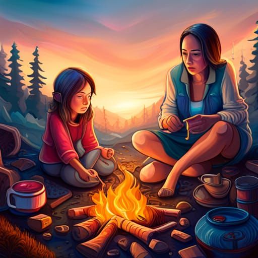Mother and Daughter at Campfire: Graffiti Art