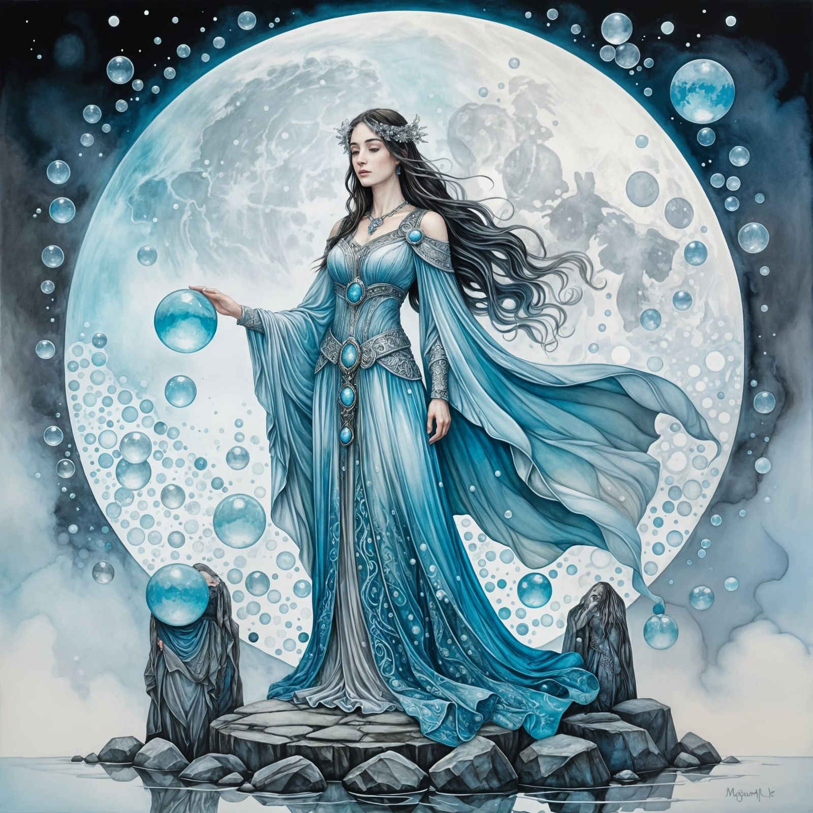 Intricately detailed alcohol ink illustration, Morgan Le Fay  is standing in the middle of silver-grey Standing Stone Ci...