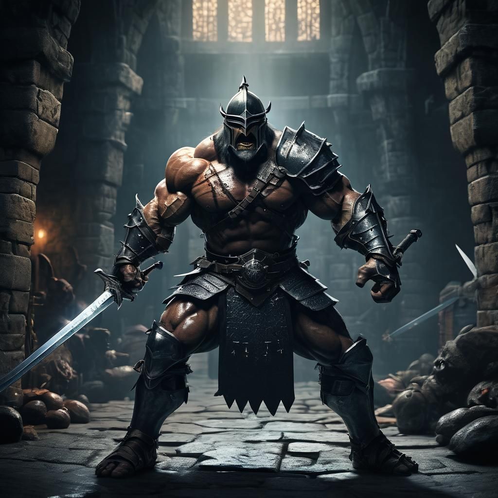 Bodybuilder Knight Fighting Goblins in Dark Dungeon