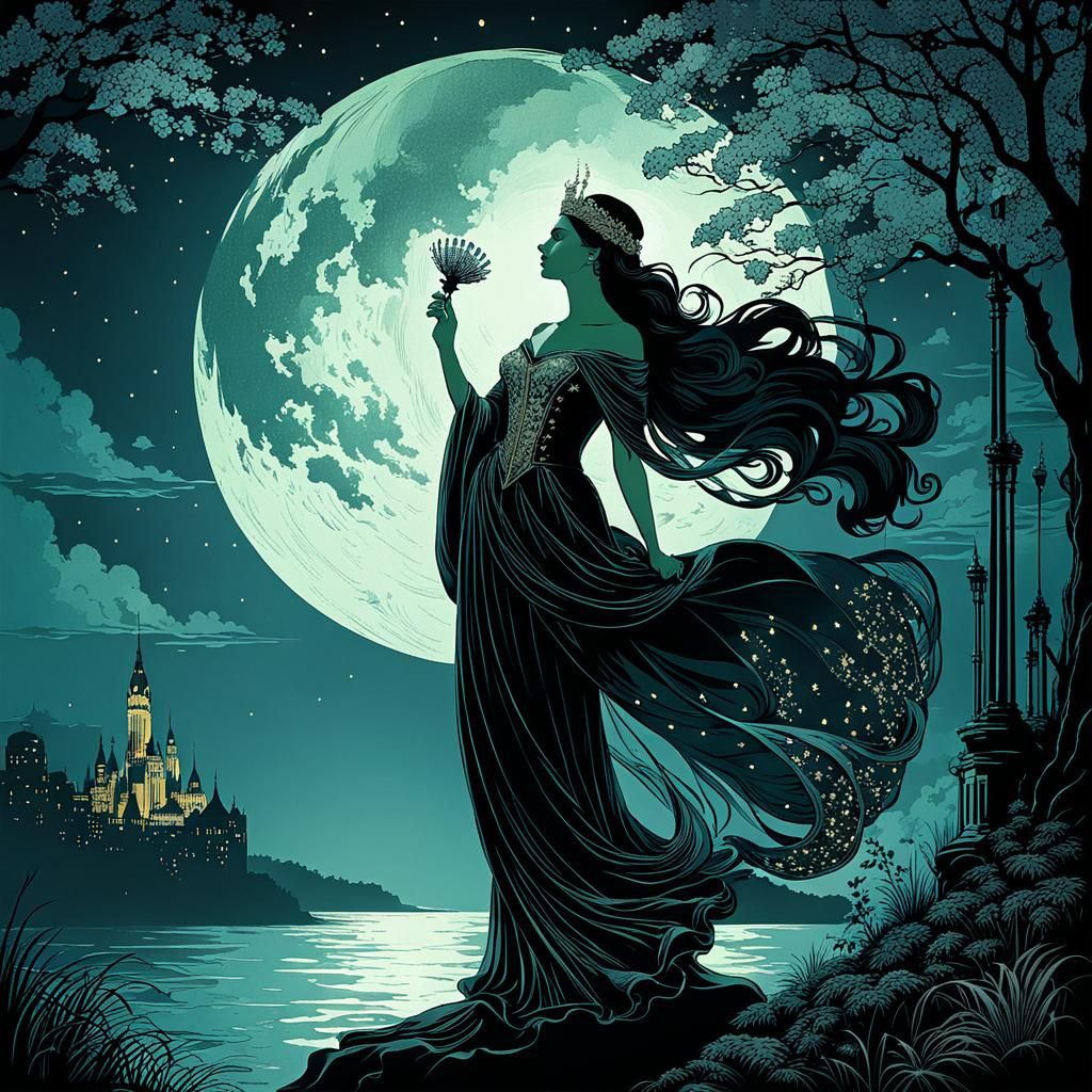 A Regal Figure Dances Under Nocturnal Skies in Classic Artis...