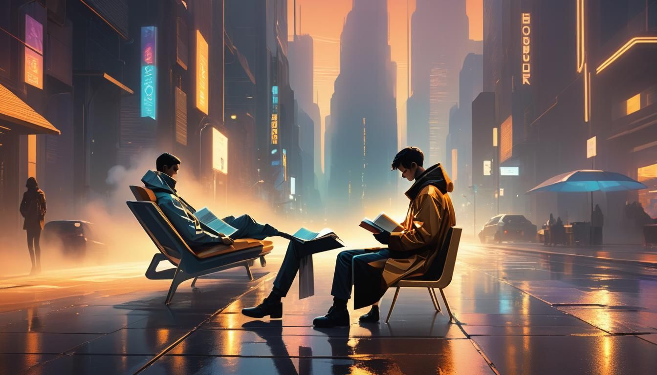 Person Reading in Misty Cityscape: Digital Art