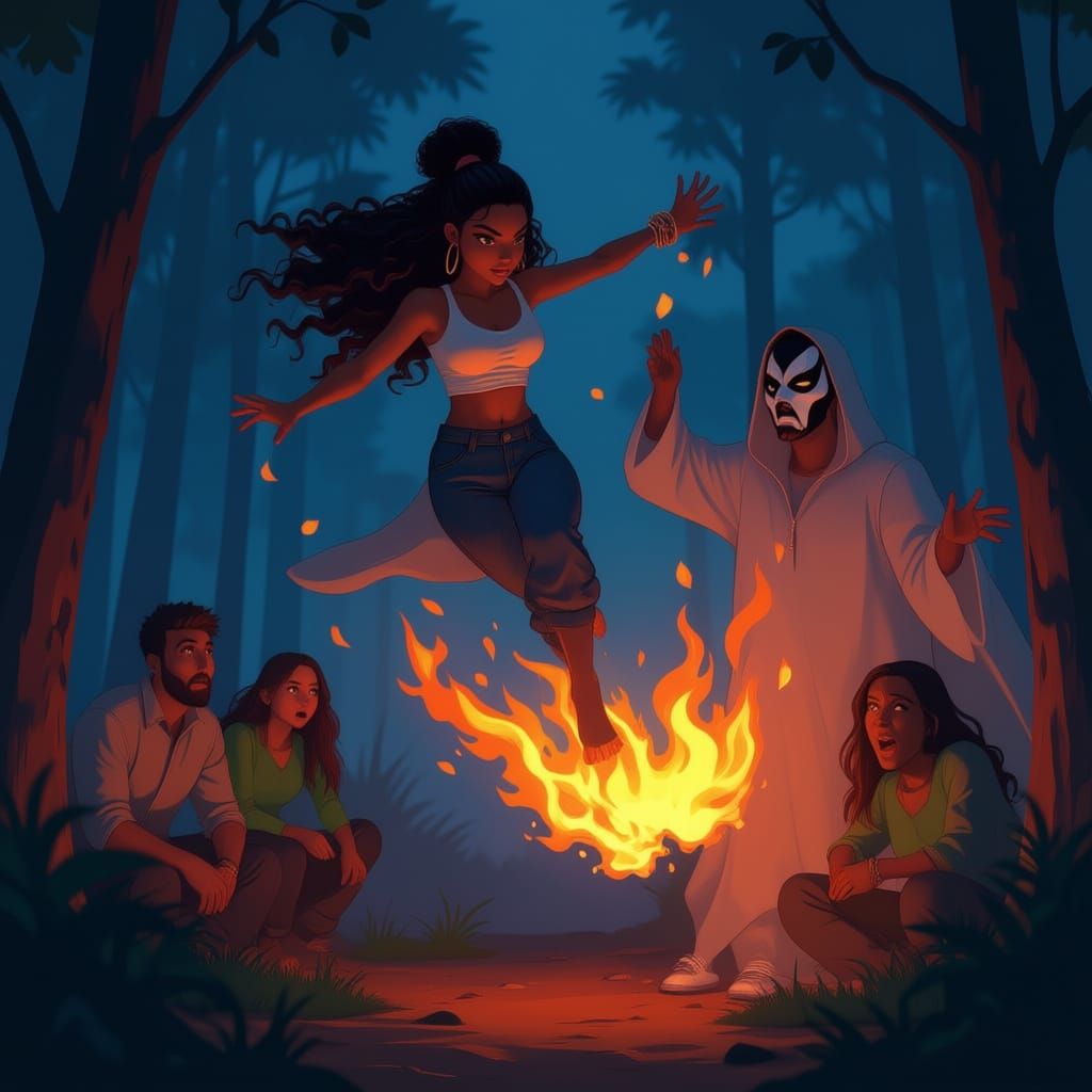 Woman Ascends Through Fire in African Forest