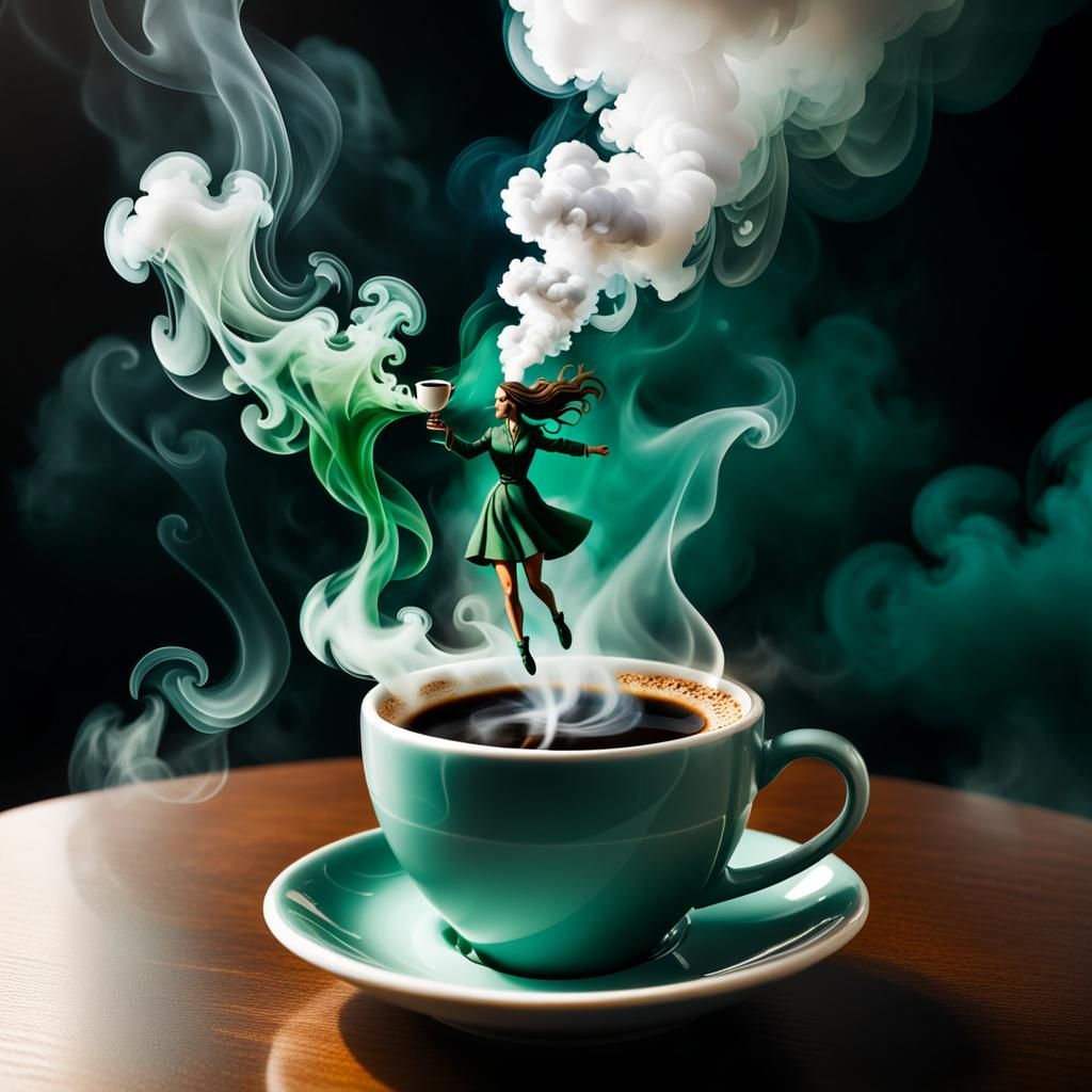 Surreal Coffee Cup Smoke with Flying Girl