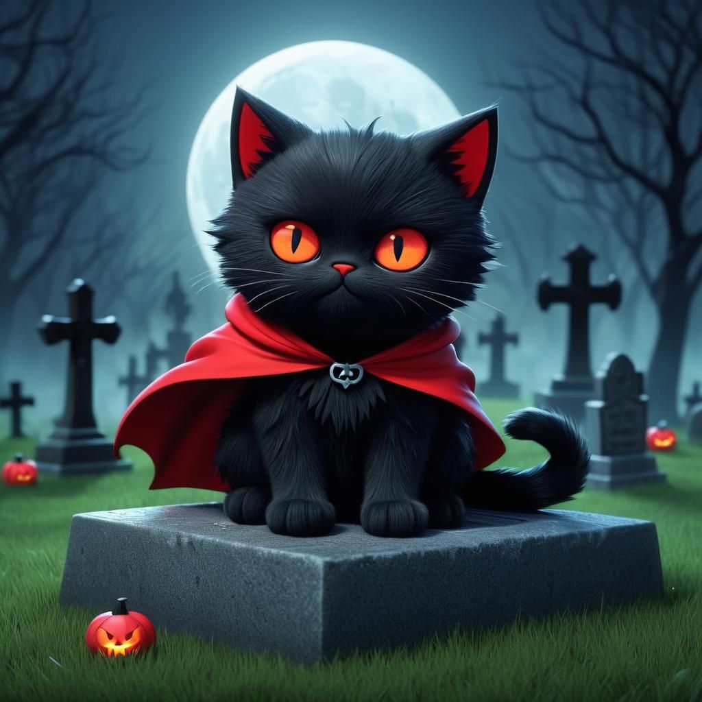 Crimson Eyed Chibi Cat in Graveyard, 3D Digital Art