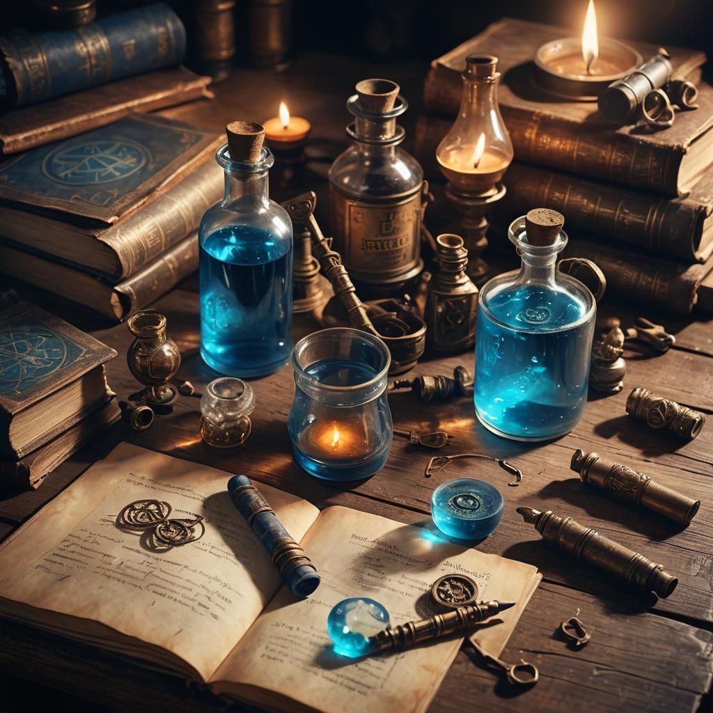 Mystical Laboratory Concept Art with Glowing Potion
