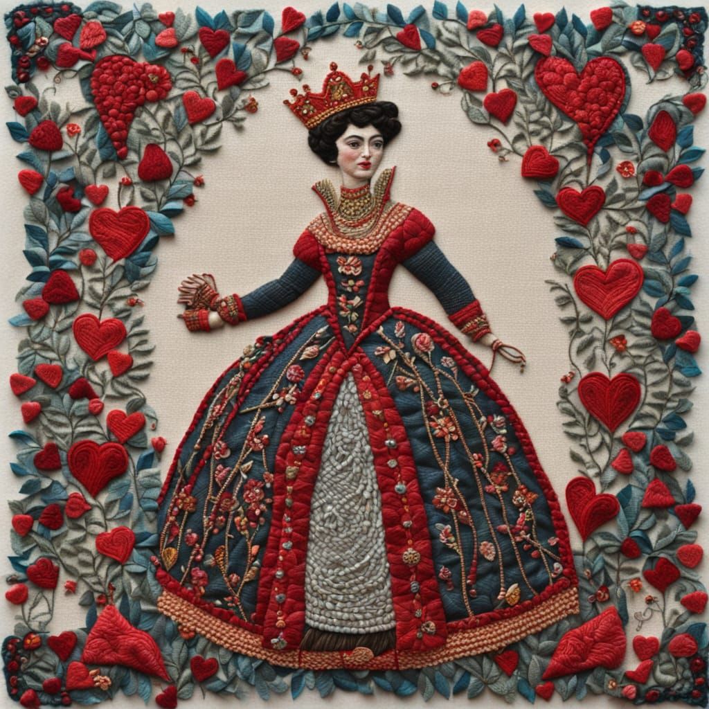 Embroidered Stumpwork Picture of the Queen of Hearts