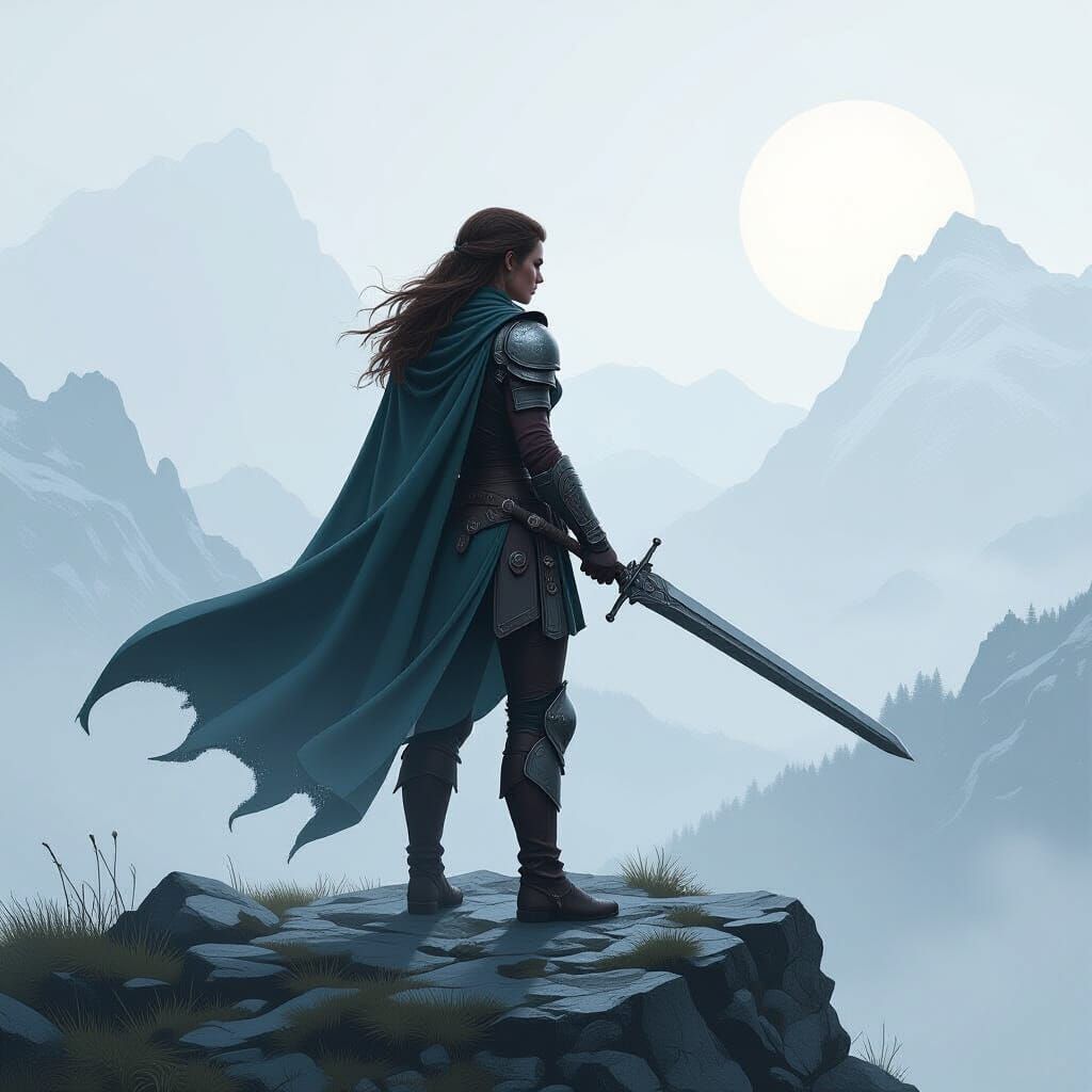 Valkyrie on Misty Mountain in Sci-Fi Style