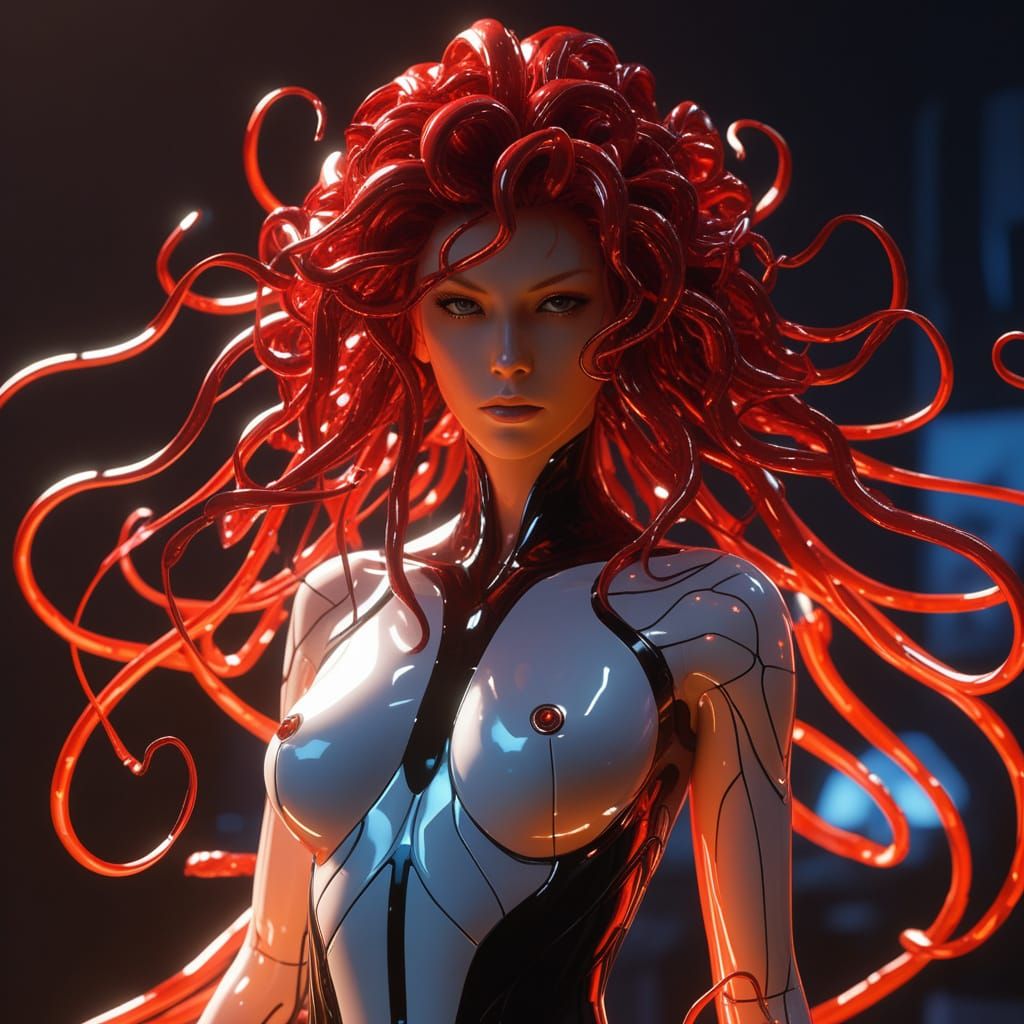 Medusa in Futuristic Armor, Anime Proportions, Vibrant Color...