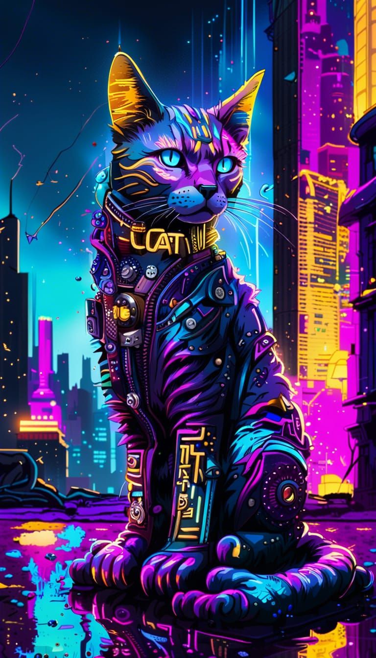 Neon "CAT Digital" Sign in Cyberpunk Vaporwave City