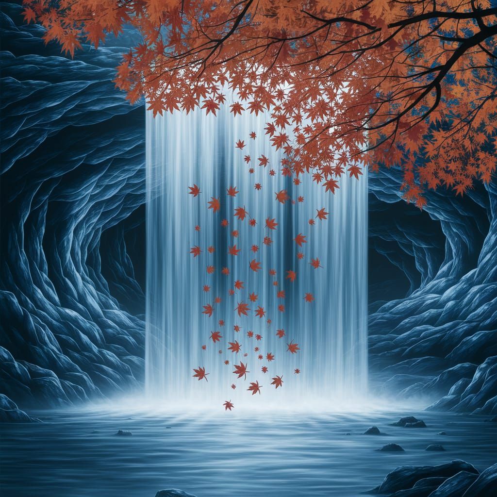 Spectral Japanese Waterfall with Autumn Leaves