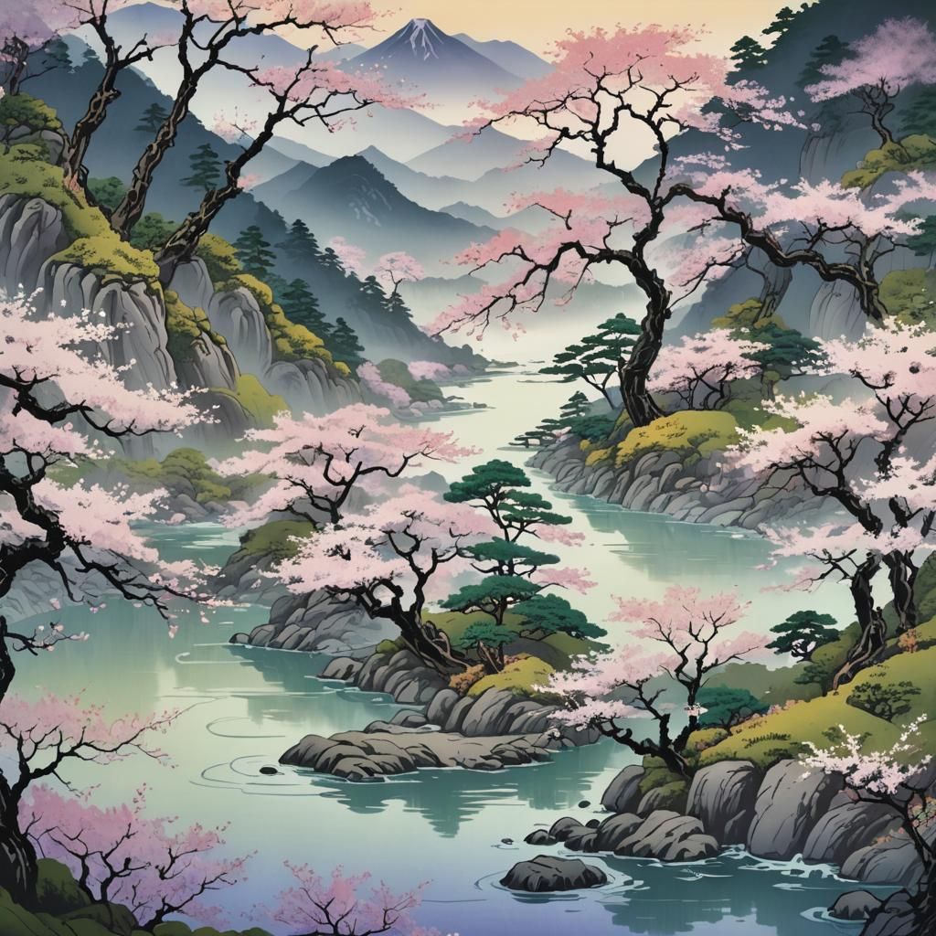 Ukiyo-e Asian Landscape with Cherry Blossoms