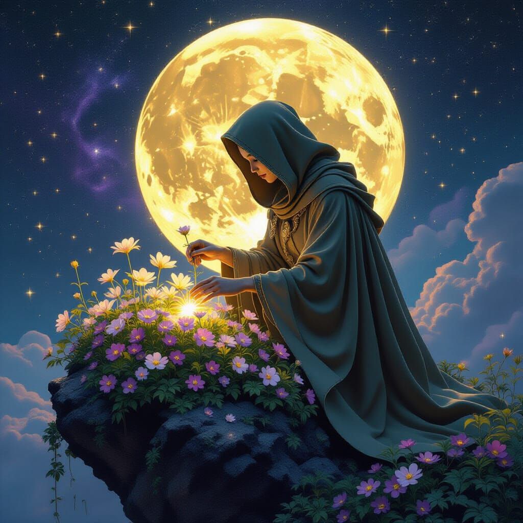 Celestial Gardener Cultivating Stardust Flowers in Art Nouve...