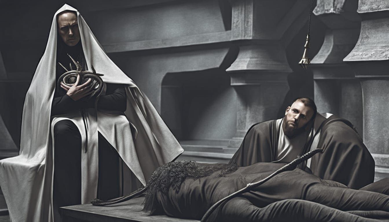 Surreal Ouroboros in Dark Cavern as Eerie Painting