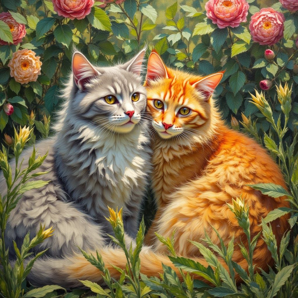 Two Cats Basking in Garden Sunshine, Impasto Oil Painting