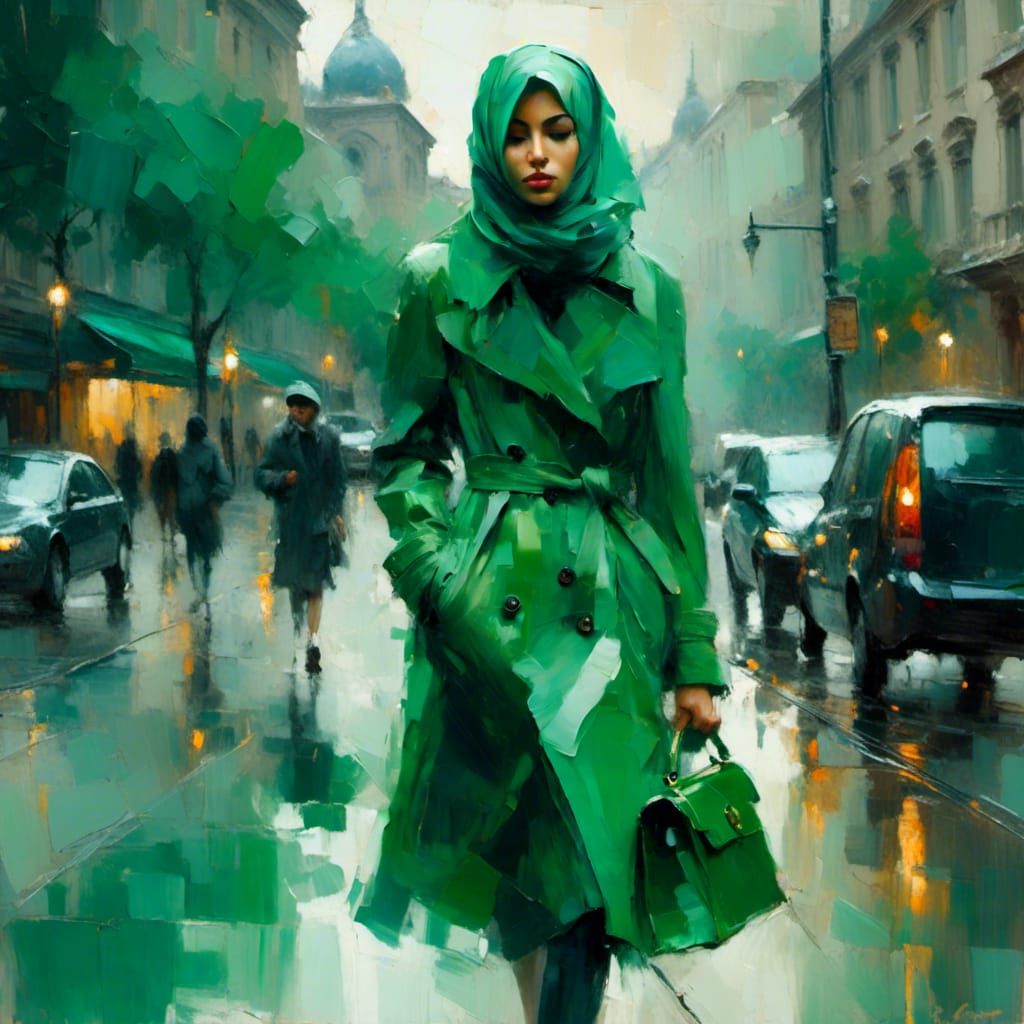 Confident Muslim Woman in Bustling Cityscape, Gestural Art