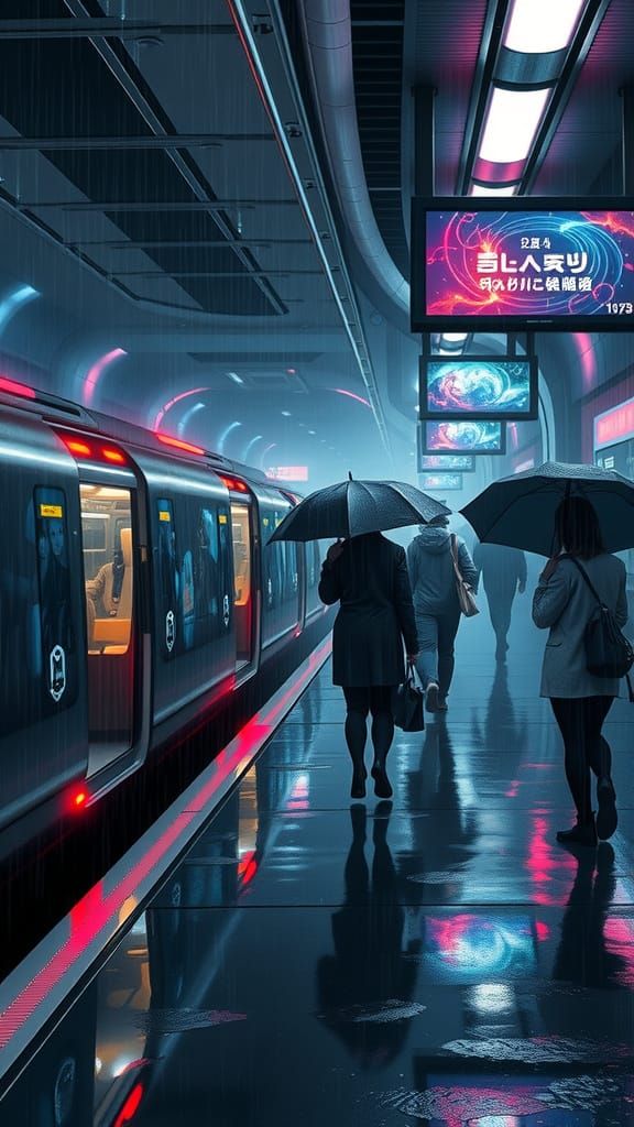 Neon Subway Station in Futuristic Metropolis