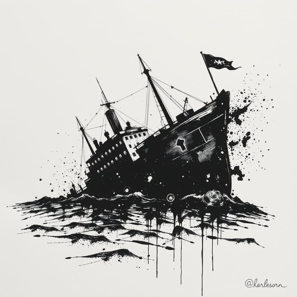 Sinking Ship in Ink Splatter Art