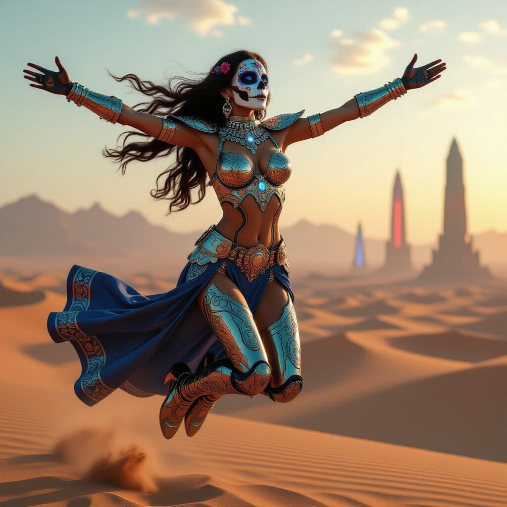 Metallic Woman with Lapis Lazuli Armor in Desert