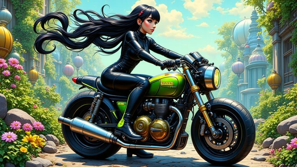 Ethereal Solar Punk Warrior Rides Motorbike Through Glass Bu...