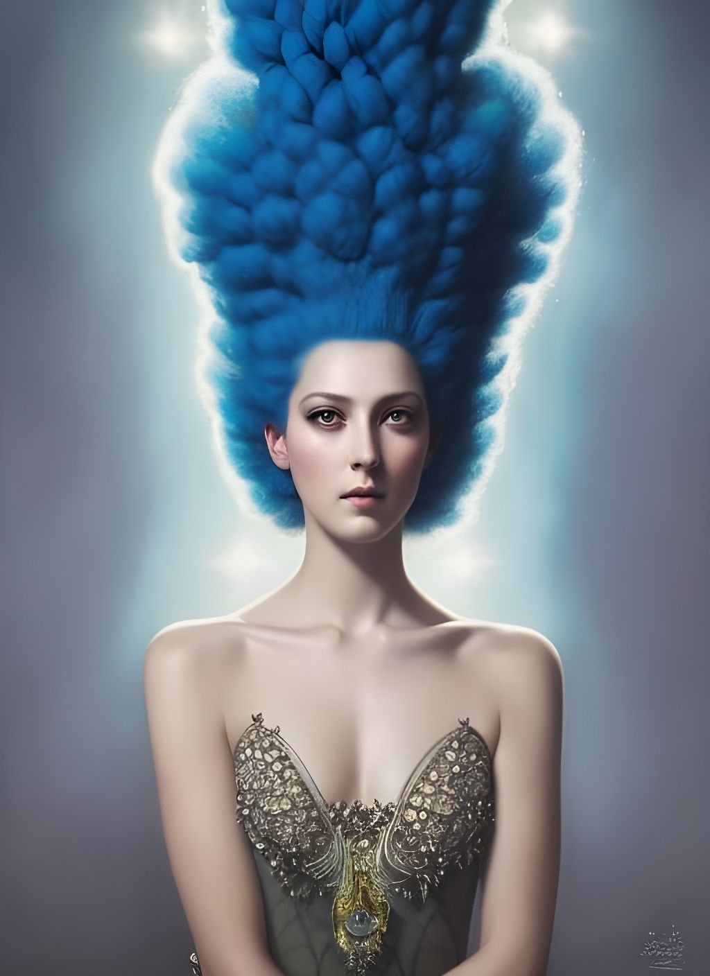 Goddess with Flowing Blue Hair, Hyperrealistic Portrait