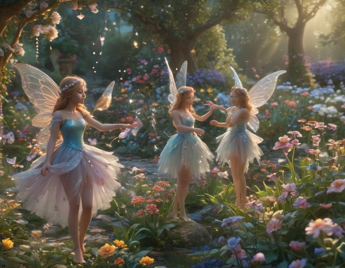 Fairies Dancing in Ethereal Garden, Kinkade Style