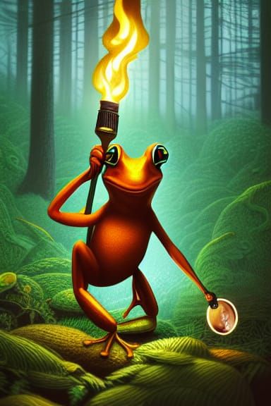 Anthropomorphic Frog Illuminates Forest in Hyperrealistic Il...