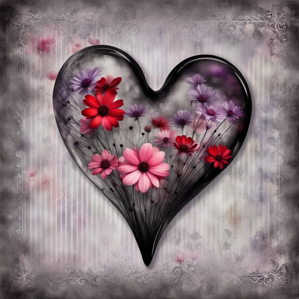 Glass Heart with Flowers: A Gothic Romantic Rendering